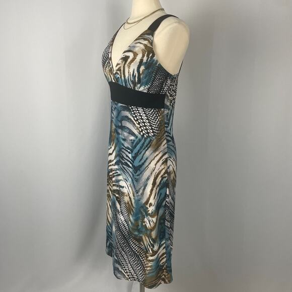 Y2K Midi Dress Size Medium Blue Brown Animal Print Sleeveless Babydoll Stretch - Picture 6 of 15